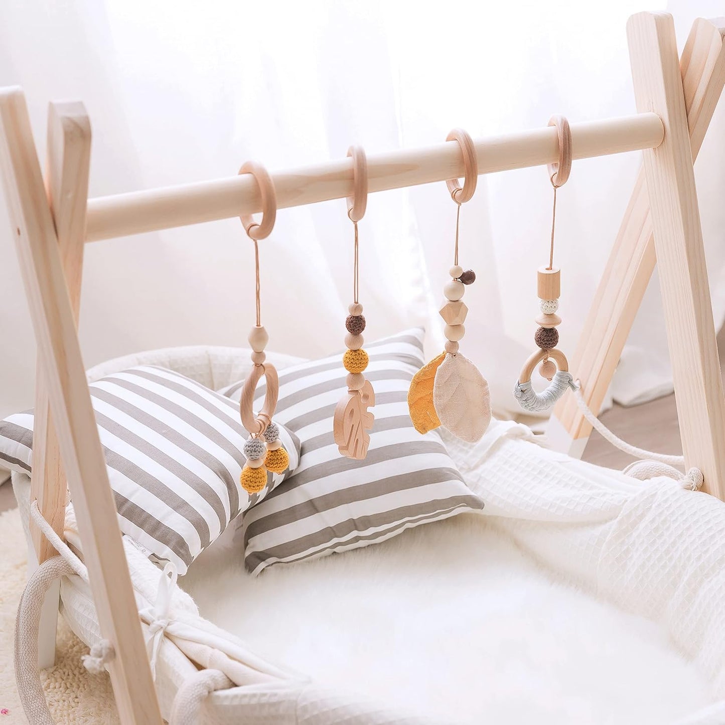 Organic Wooden Play Gym with 4 Hanging Toys Foldable Baby Play Gym Frame Activity Center Hanging Bar Baby Tummy Time Play Gym Ideal Gift for Newborn Baby Boys Girls/Yellow