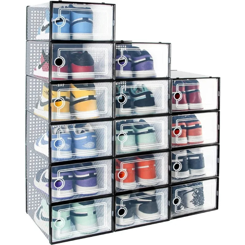 Large 15 Pack Shoe Organizer Boxes, Collapsible Shoe Boxes Clear Plastic,Space Saving Foldable Sneaker Boxes, Shoe Containers