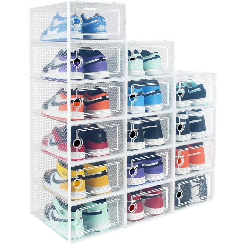 Large 15 Pack Shoe Organizer Boxes, Collapsible Shoe Boxes Clear Plastic,Space Saving Foldable Sneaker Boxes, Shoe Containers