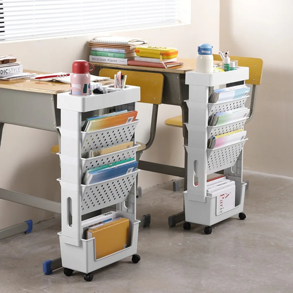 Student book organizer removable with rollers multilayer book storage large capacity office classroom vertical mobile bookcase