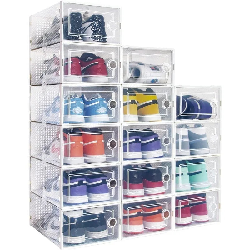 Large 15 Pack Shoe Organizer Boxes, Collapsible Shoe Boxes Clear Plastic,Space Saving Foldable Sneaker Boxes, Shoe Containers