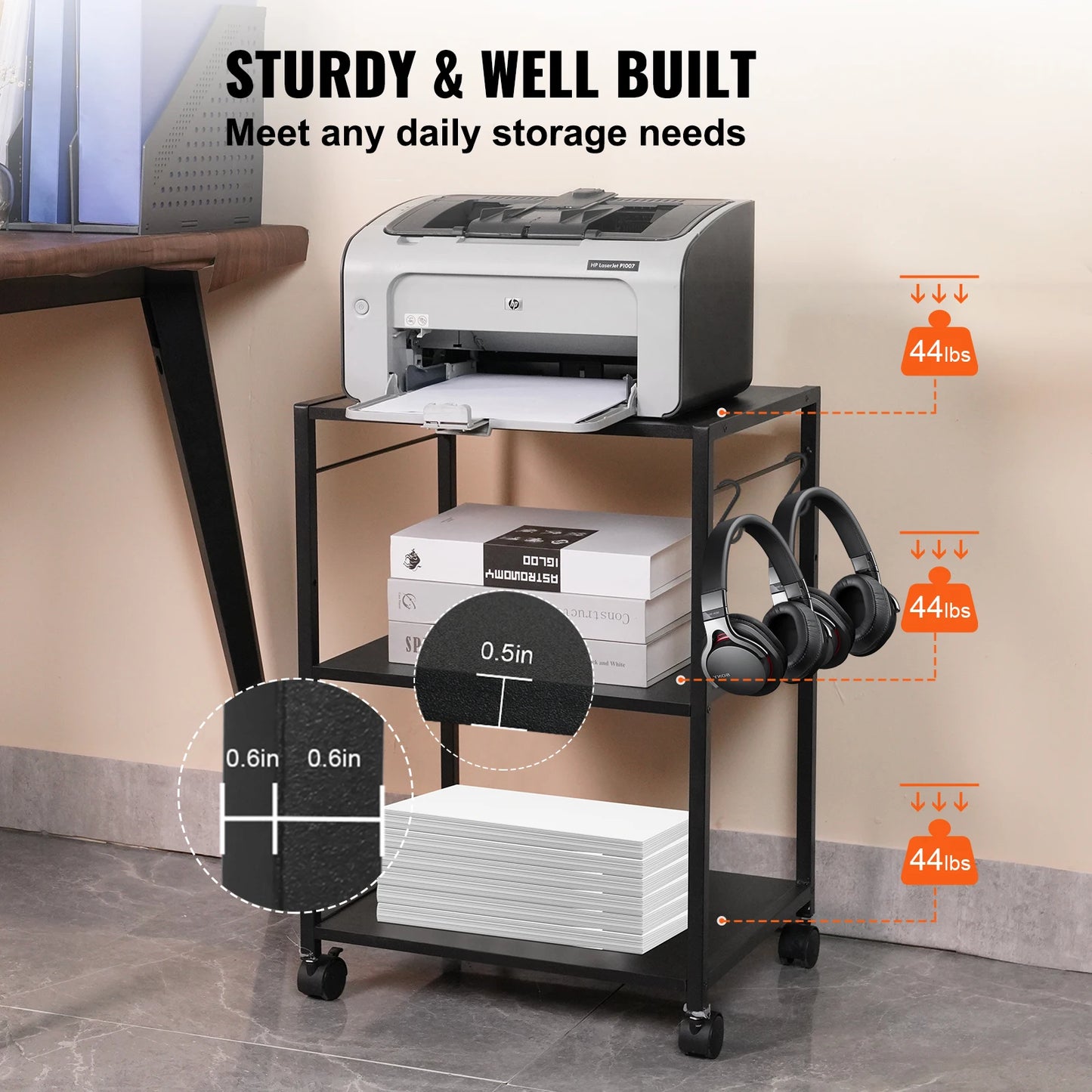 VEVOR 3 Tiers Printer Stand 420 x 350 x 600 mm Rolling Cart with Lockable Casters Waterproof & Sturdy Storage Stand for Office