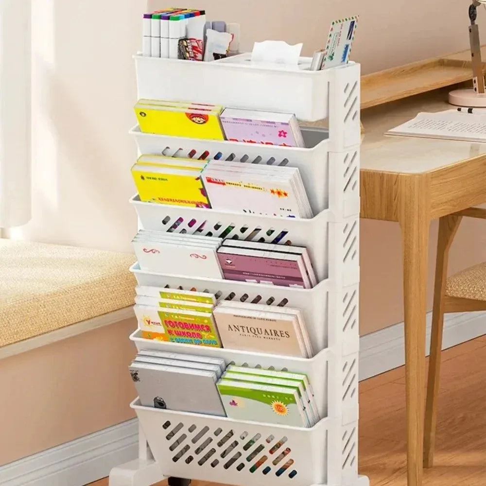 Student book organizer removable with rollers multilayer book storage large capacity office classroom vertical mobile bookcase